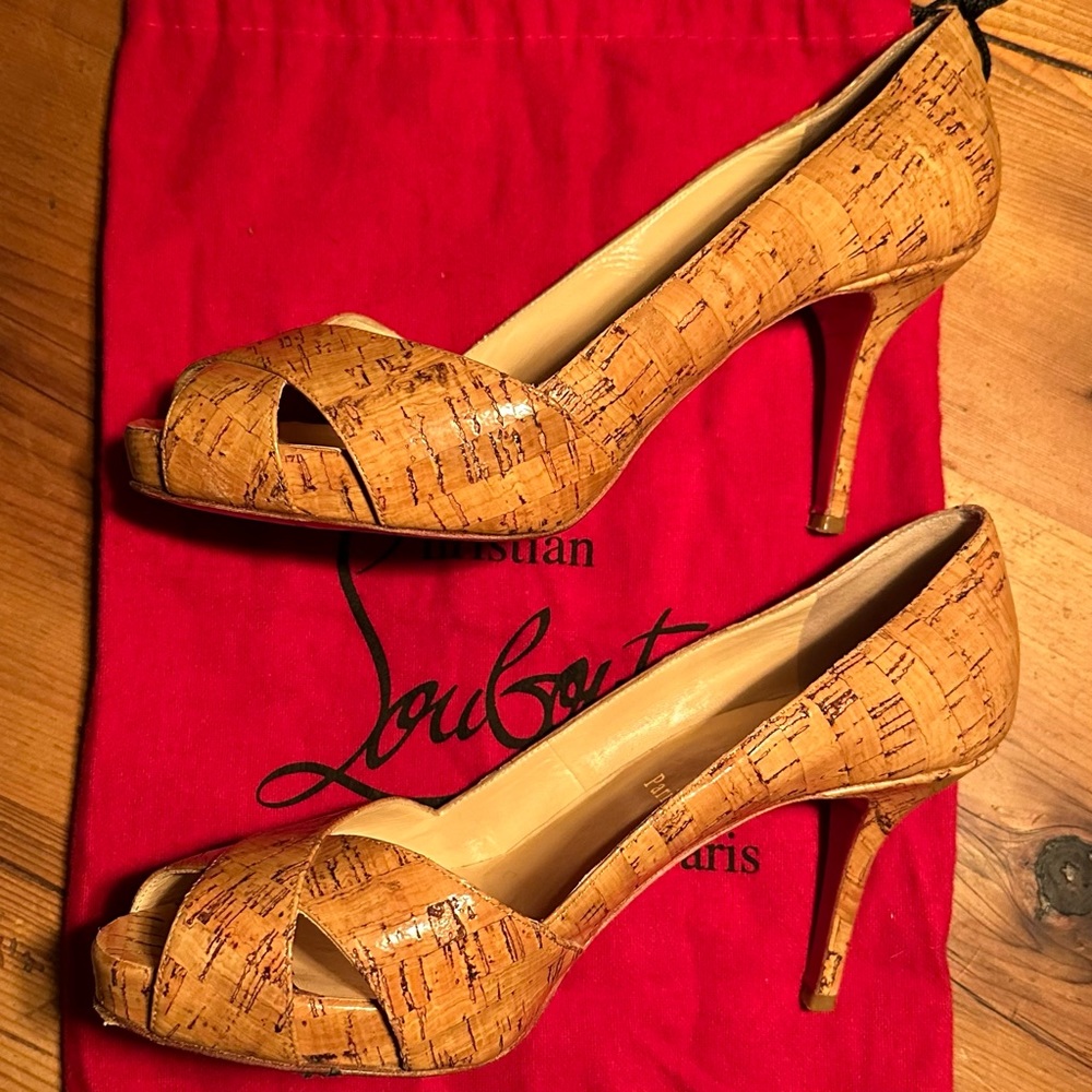 Christian Louboutin Shelley 85mm Cork Stiletto Peep Toe Pumps EU 37 US 7 / 6.5 - Picture 4 of 8